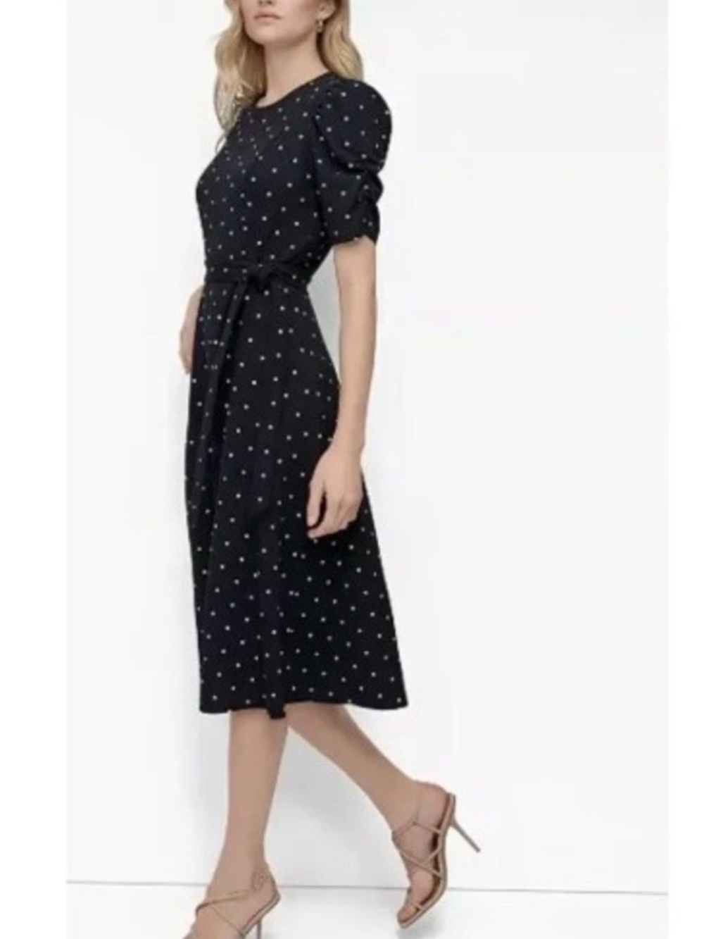 DKNY Black Polka Dot Puff-Sleeve Midi Dress